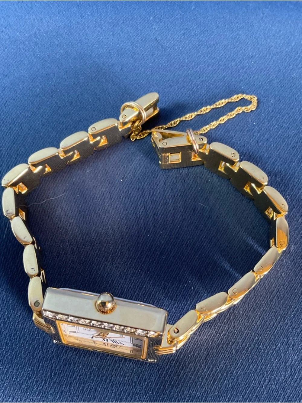 Gold Tone Rhinestone Dress Watch Rectangular Face Roman Numerals Quartz